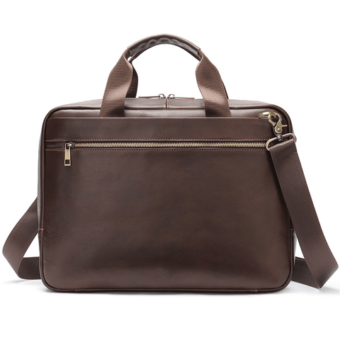The Modern Briefcase in dark brown with a sleek design and a shoulder strap.