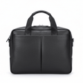 Black textured briefcase with sturdy handles and front pockets.