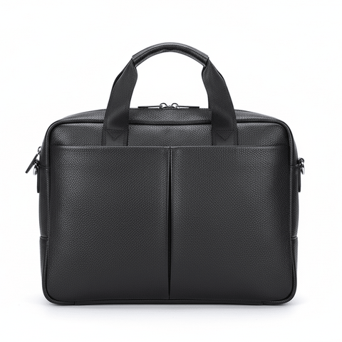 Black textured briefcase with sturdy handles and front pockets.