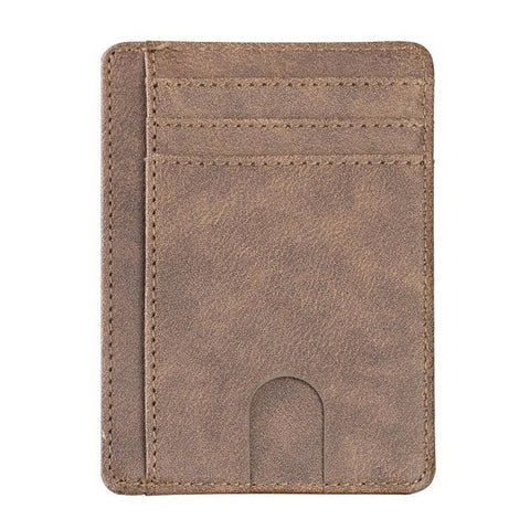 The Modern Cardholder in distressed brown with multiple card slots and a slim profile.