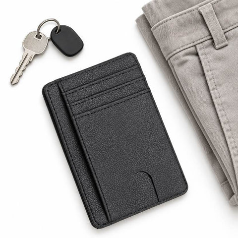 The Modern Cardholder black textured slim wallet with multiple card slots shown beside keys and folded gray trousers