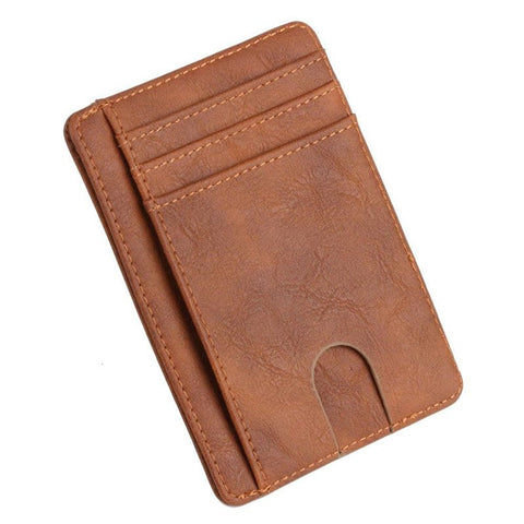 The Modern Cardholder in rich brown with multiple card slots and a minimalist design.