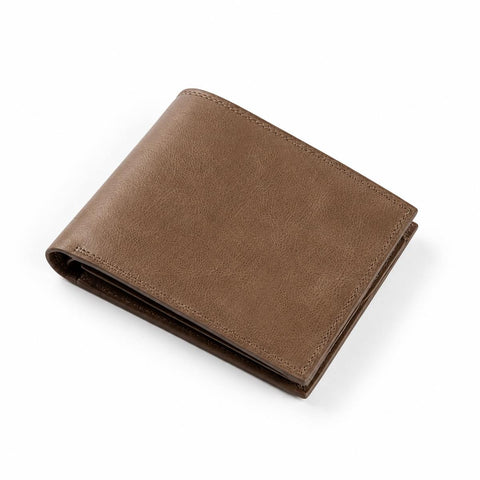 The Modern Wallet in brown leather with a slim bifold design and stitched edges displayed against a white background