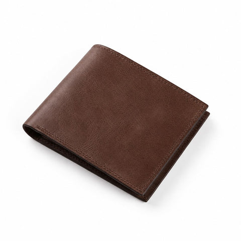 The Modern Wallet in brown leather with a slim bifold design and stitched edges displayed on a white background