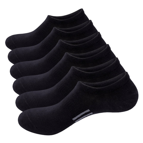 A set of six black ankle socks arranged on a plain background.