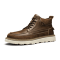 Timberline brown lace-up boot with a cream lug sole and a discreet built-in lift