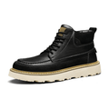 Timberline black lace-up boot with a cream sole and a discreet built-in lift