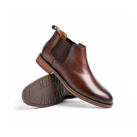 Wellington brown leather Chelsea elevator boots with elastic side panels, pull tabs and textured soles