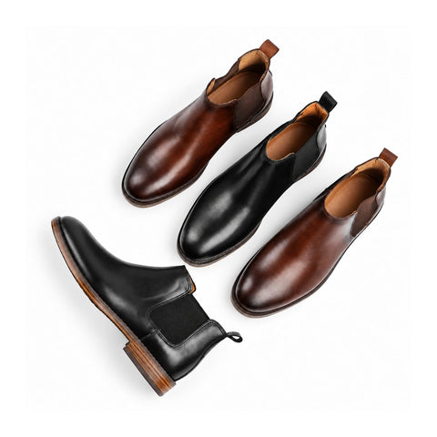 Wellington Chelsea elevator boots in black and brown with elastic side panels and a discreet height boost