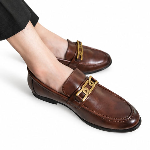 Whitmore brown leather loafers with a gold-tone metal bit and a discreet height boost