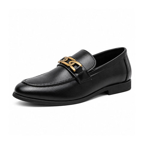 Whitmore black dress loafer with gold tone bit detail and discreet height boost for a polished professional style